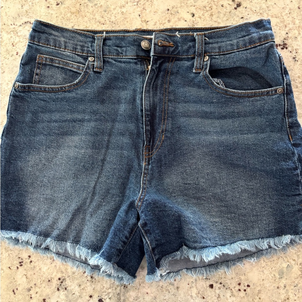 Celebrity Pink Dark Blue High-Rise Frayed Hem Denim Shorts